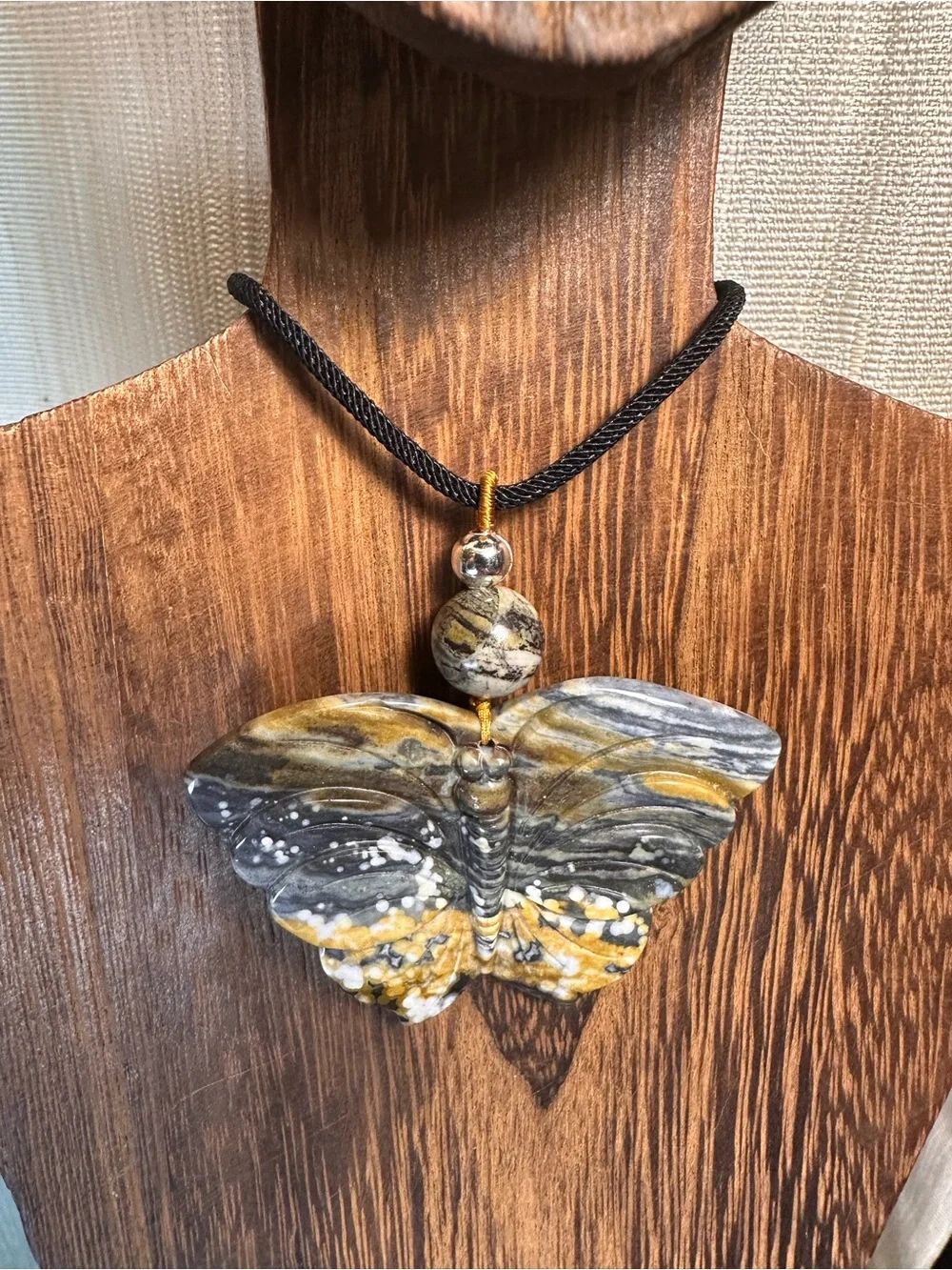 Handcrafted Ocean Jasper Butterfly Pendant Necklace-Green & Gold on Black Rope